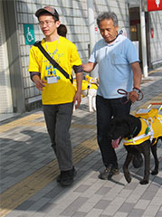 盲導犬使用者をガイドする男性